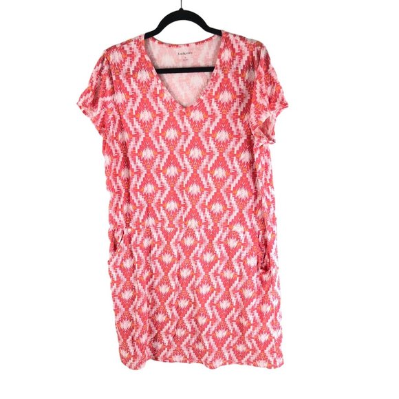 Kim Rogers Shift Dress Pockets V Neck Short Sleeve Geometric Pink L - Picture 1 of 4
